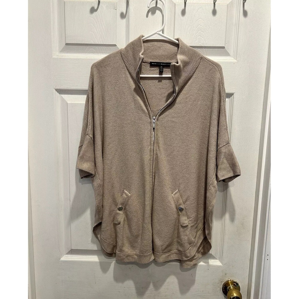White House Black Market Tan Zip Up Poncho Sweater Short Sleeve Mock Neck Medium